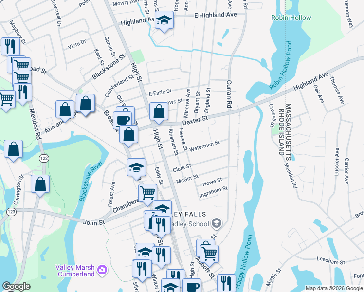 map of restaurants, bars, coffee shops, grocery stores, and more near 51 Hewes Street in Cumberland