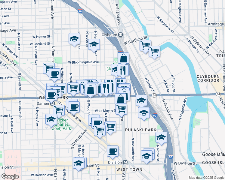 map of restaurants, bars, coffee shops, grocery stores, and more near 1620 N. Marshfield in Chicago