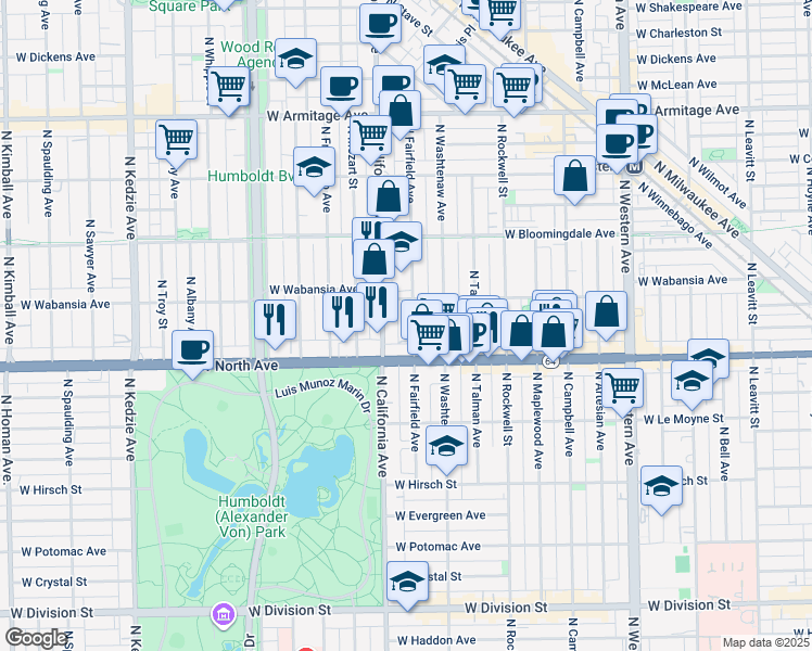 map of restaurants, bars, coffee shops, grocery stores, and more near 1642 North Fairfield Avenue in Chicago