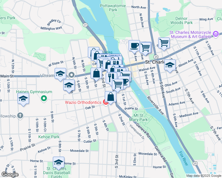 map of restaurants, bars, coffee shops, grocery stores, and more near 211 Illinois Street in St. Charles
