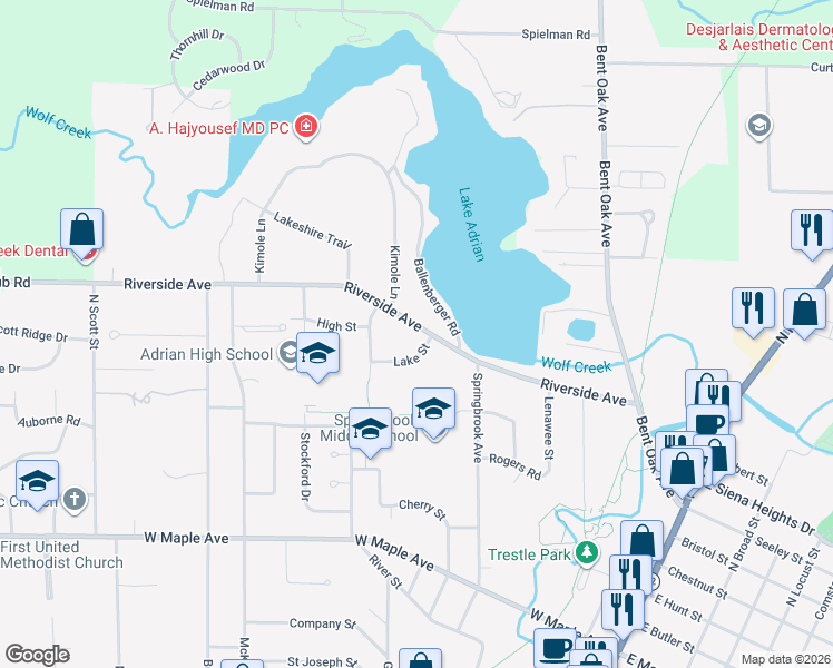 map of restaurants, bars, coffee shops, grocery stores, and more near 535 Riverside Avenue in Adrian