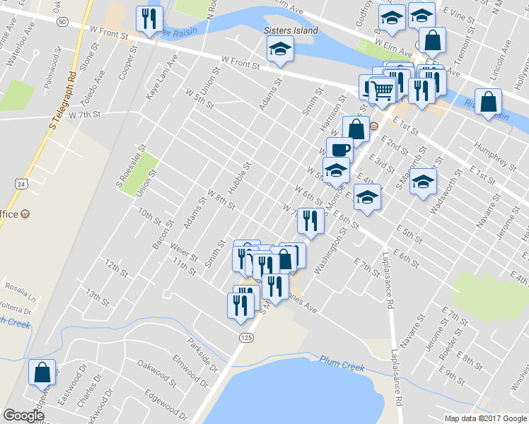 map of restaurants, bars, coffee shops, grocery stores, and more near 722 Harrison Street in Monroe