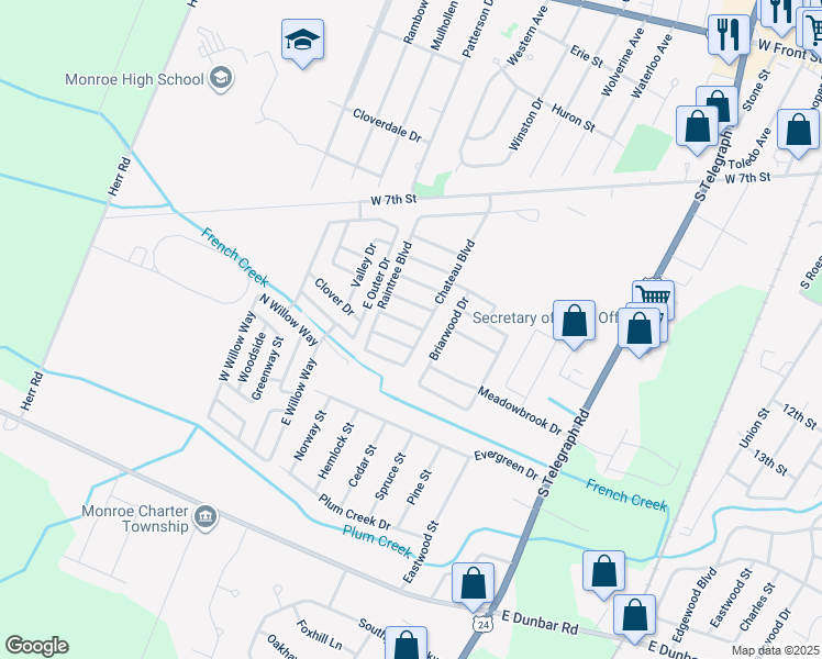 map of restaurants, bars, coffee shops, grocery stores, and more near 1832 Everest Drive in Monroe