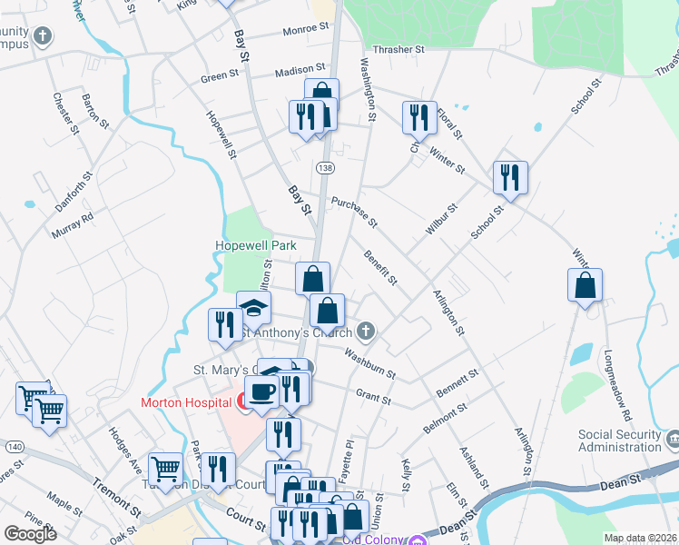 map of restaurants, bars, coffee shops, grocery stores, and more near 179 Washington Street in Taunton