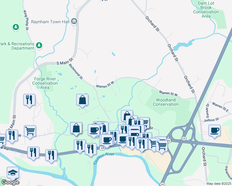 map of restaurants, bars, coffee shops, grocery stores, and more near 75U19 Warren Street West in Raynham