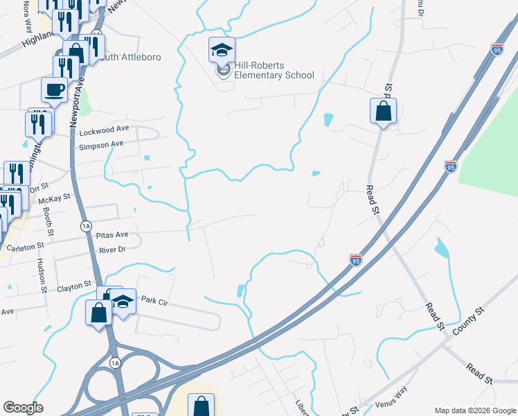 map of restaurants, bars, coffee shops, grocery stores, and more near 108 Pitas Avenue in Attleboro