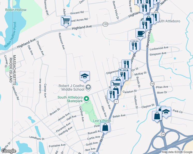 map of restaurants, bars, coffee shops, grocery stores, and more near 21 Tomlinson Road in Attleboro