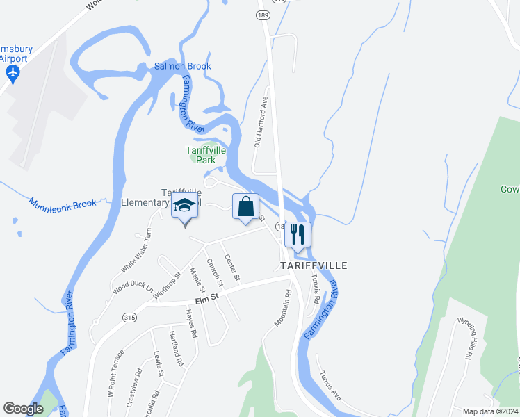map of restaurants, bars, coffee shops, grocery stores, and more near 15 Main Street in Simsbury