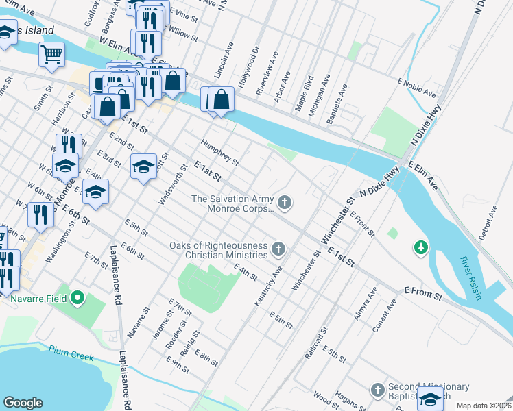 map of restaurants, bars, coffee shops, grocery stores, and more near 702 East 1st Street in Monroe