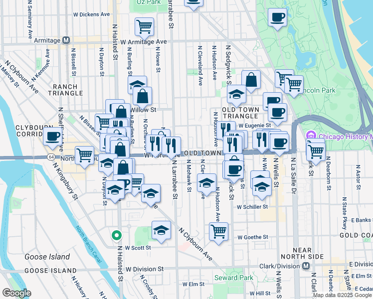 map of restaurants, bars, coffee shops, grocery stores, and more near 1615 North Mohawk Street in Chicago