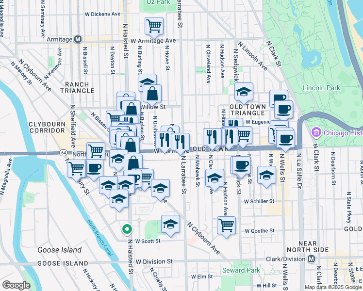 map of restaurants, bars, coffee shops, grocery stores, and more near 1607 North Larrabee Street in Chicago
