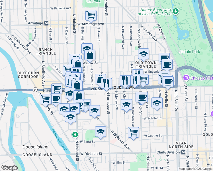 map of restaurants, bars, coffee shops, grocery stores, and more near in Chicago