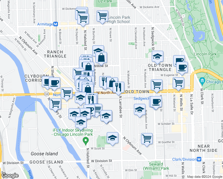 map of restaurants, bars, coffee shops, grocery stores, and more near 640 West North Avenue in Chicago