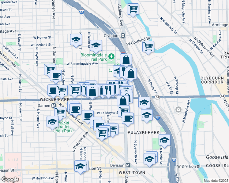 map of restaurants, bars, coffee shops, grocery stores, and more near 1620 N. Marshfield in Chicago