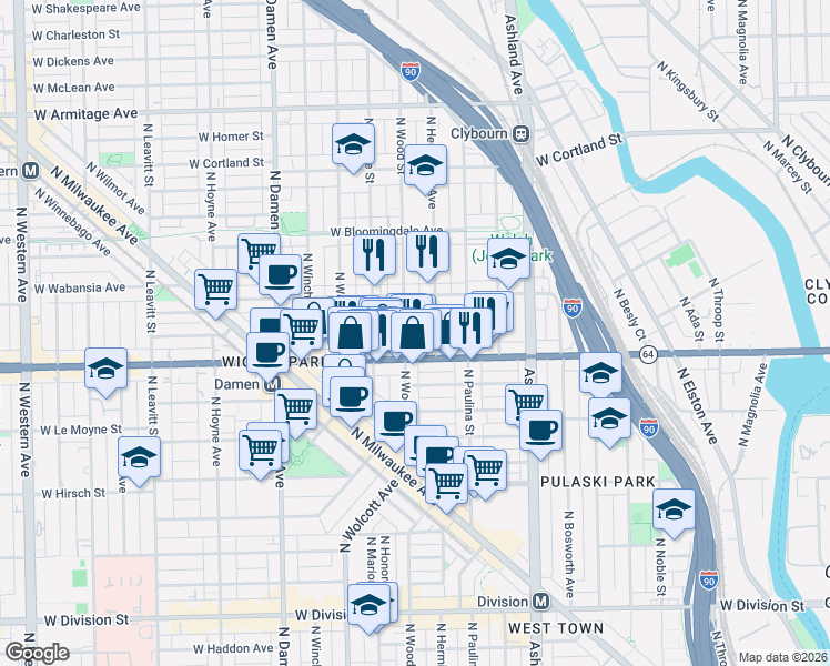 map of restaurants, bars, coffee shops, grocery stores, and more near 1637 North Wood Street in Chicago