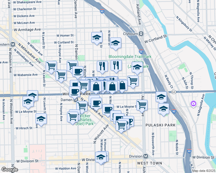 map of restaurants, bars, coffee shops, grocery stores, and more near 1629 North Honore Street in Chicago