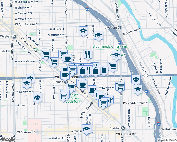 map of restaurants, bars, coffee shops, grocery stores, and more near 1629 North Honore Street in Chicago