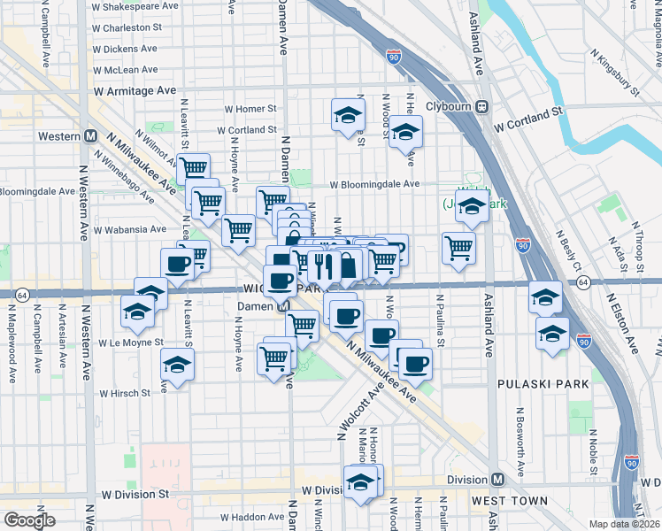 map of restaurants, bars, coffee shops, grocery stores, and more near 1635 North Wolcott Avenue in Chicago