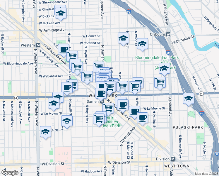 map of restaurants, bars, coffee shops, grocery stores, and more near 1632 North Winchester Avenue in Chicago