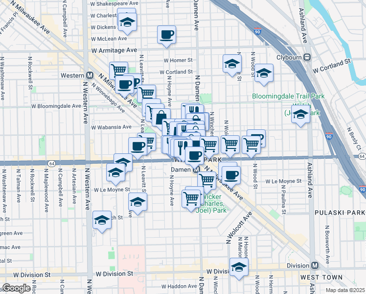 map of restaurants, bars, coffee shops, grocery stores, and more near in Chicago