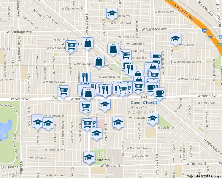 map of restaurants, bars, coffee shops, grocery stores, and more near 1638 North Bell Avenue in Chicago