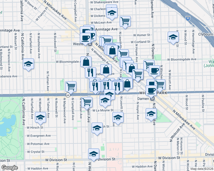 map of restaurants, bars, coffee shops, grocery stores, and more near 1638 North Bell Avenue in Chicago