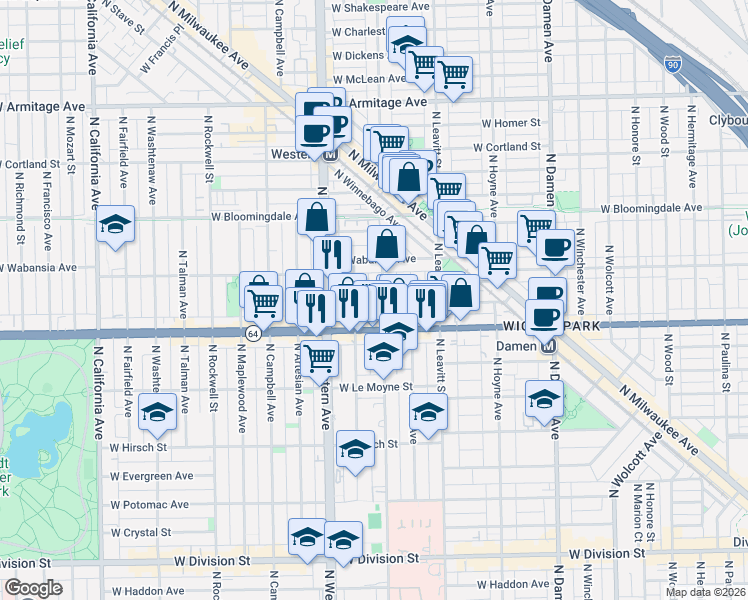 map of restaurants, bars, coffee shops, grocery stores, and more near 1635 North Claremont Avenue in Chicago