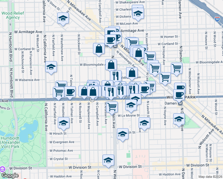 map of restaurants, bars, coffee shops, grocery stores, and more near 1635 North Western Avenue in Chicago