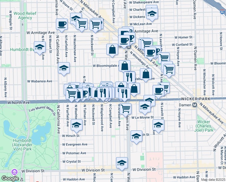 map of restaurants, bars, coffee shops, grocery stores, and more near 1638 North Campbell Avenue in Chicago