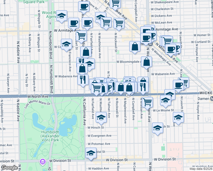 map of restaurants, bars, coffee shops, grocery stores, and more near 1639 North Talman Avenue in Chicago