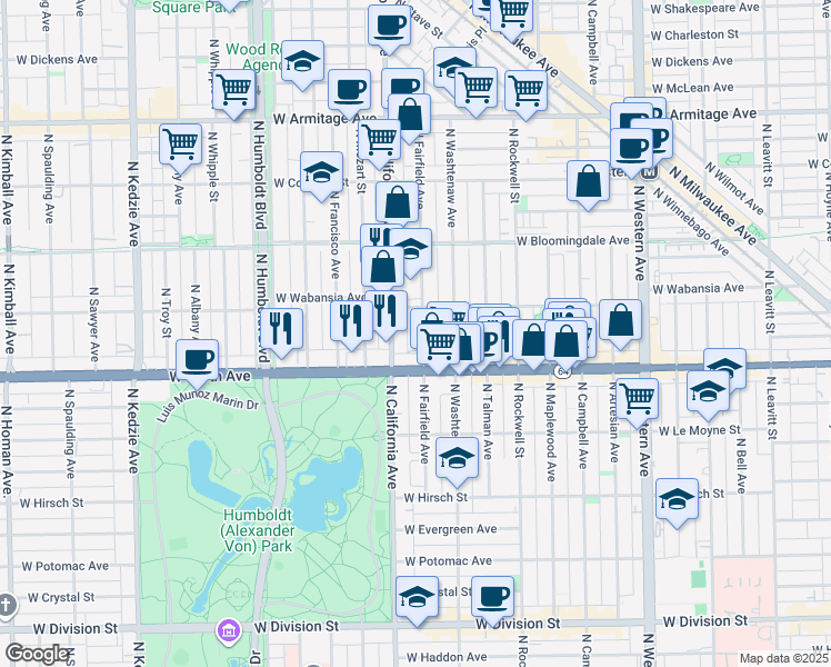 map of restaurants, bars, coffee shops, grocery stores, and more near 1642 North Fairfield Avenue in Chicago