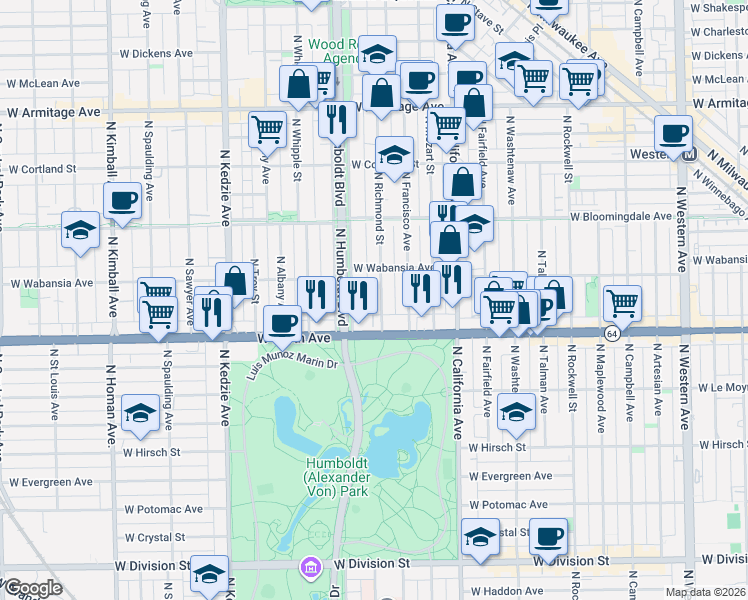 map of restaurants, bars, coffee shops, grocery stores, and more near 1642 North Richmond Street in Chicago