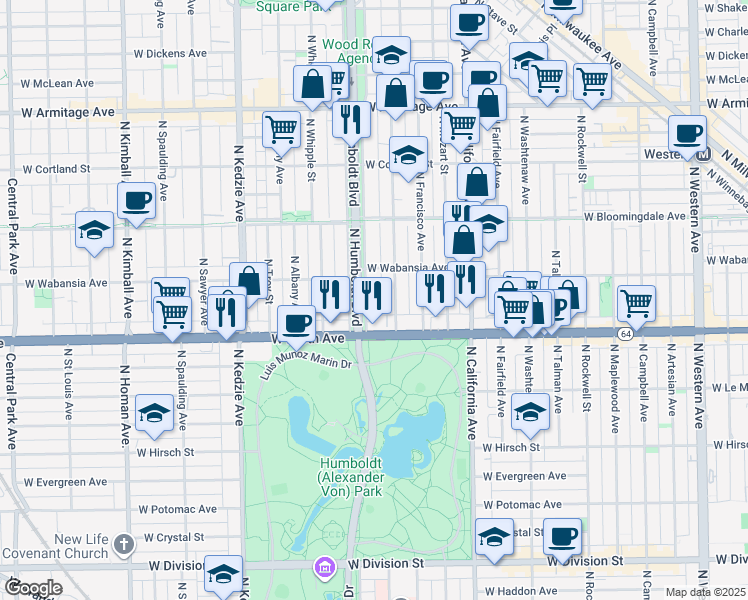 map of restaurants, bars, coffee shops, grocery stores, and more near 1642 North Richmond Street in Chicago