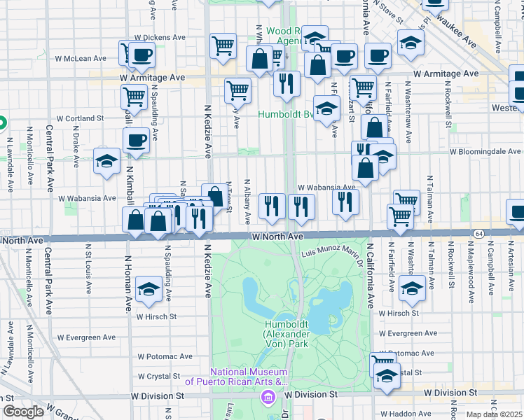 map of restaurants, bars, coffee shops, grocery stores, and more near 1644 North Whipple Street in Chicago