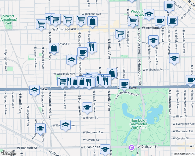 map of restaurants, bars, coffee shops, grocery stores, and more near 1643 North Spaulding Avenue in Chicago
