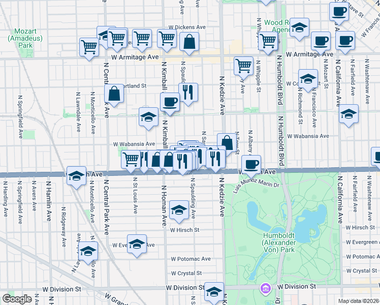map of restaurants, bars, coffee shops, grocery stores, and more near 1643 North Spaulding Avenue in Chicago