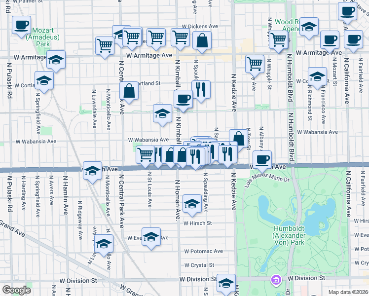 map of restaurants, bars, coffee shops, grocery stores, and more near 1647 North Kimball Avenue in Chicago