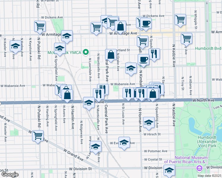map of restaurants, bars, coffee shops, grocery stores, and more near 1636 North Drake Avenue in Chicago