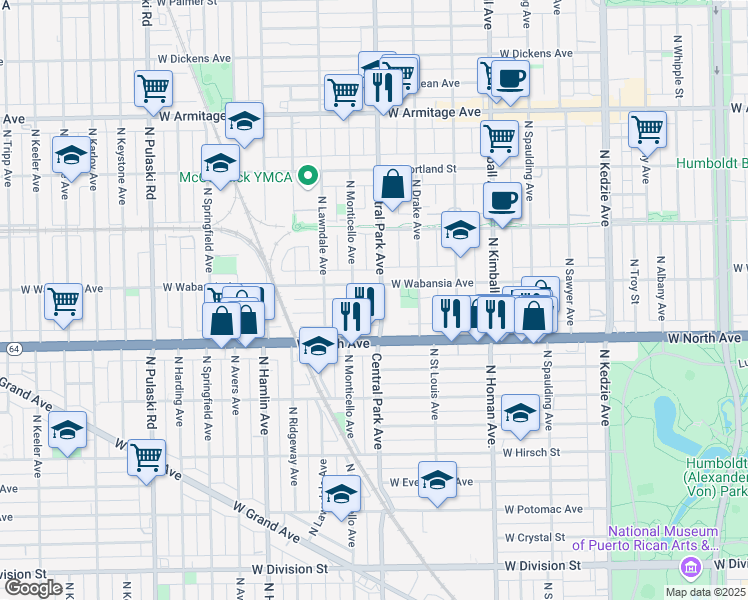 map of restaurants, bars, coffee shops, grocery stores, and more near 1648 North Central Park Avenue in Chicago
