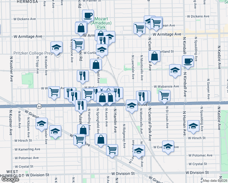 map of restaurants, bars, coffee shops, grocery stores, and more near 3803 West Wabansia Avenue in Chicago