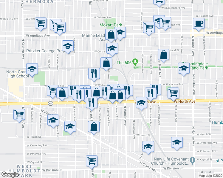 map of restaurants, bars, coffee shops, grocery stores, and more near 1650 North Avers Avenue in Chicago