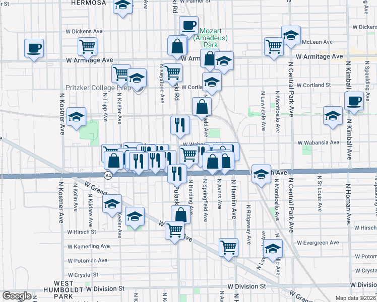map of restaurants, bars, coffee shops, grocery stores, and more near 1653 North Pulaski Road in Chicago