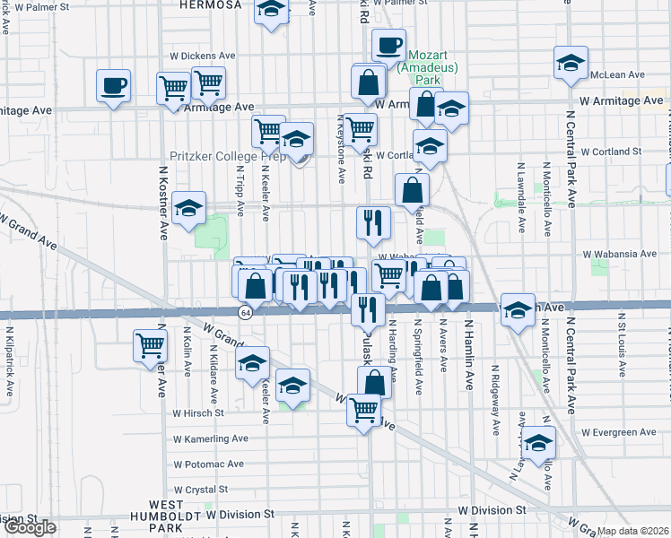 map of restaurants, bars, coffee shops, grocery stores, and more near 1653 North Keystone Avenue in Chicago