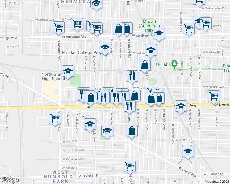 map of restaurants, bars, coffee shops, grocery stores, and more near 1654 North Karlov Avenue in Chicago