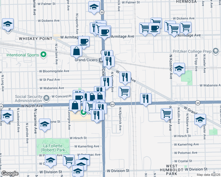 map of restaurants, bars, coffee shops, grocery stores, and more near in Chicago