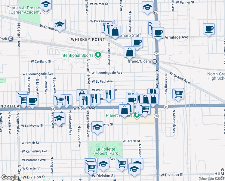 map of restaurants, bars, coffee shops, grocery stores, and more near 1700 North Leclaire Avenue in Chicago