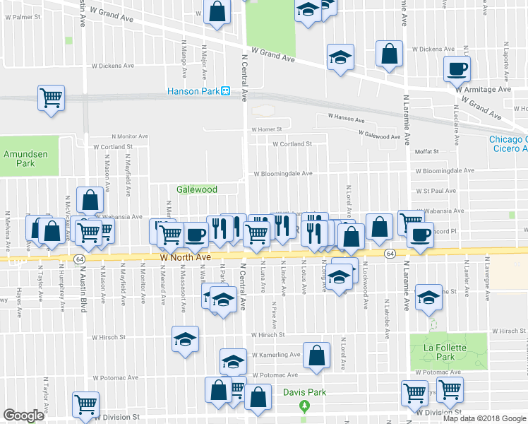 map of restaurants, bars, coffee shops, grocery stores, and more near 1711 North Central Avenue in Chicago