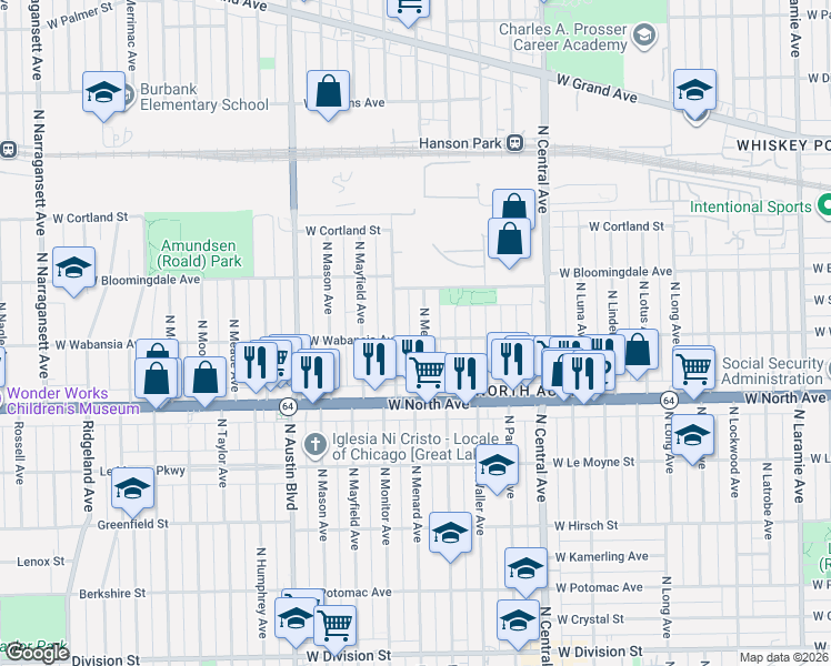 map of restaurants, bars, coffee shops, grocery stores, and more near 1711 North Monitor Avenue in Chicago