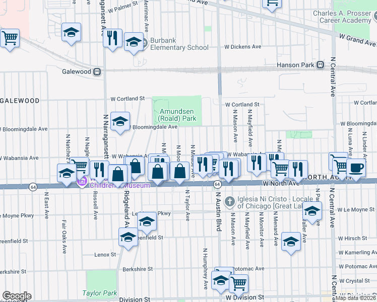 map of restaurants, bars, coffee shops, grocery stores, and more near 1715 North Moody Avenue in Chicago