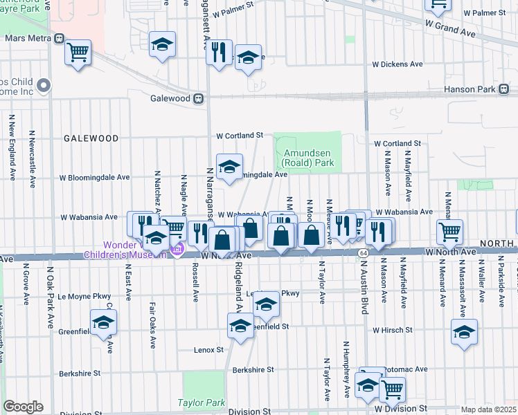map of restaurants, bars, coffee shops, grocery stores, and more near 1715 North Merrimac Avenue in Chicago